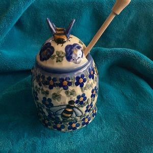 UNIKAT HAND-PAINTED POLISH HONEY POT POTTERY W/ DIPPER